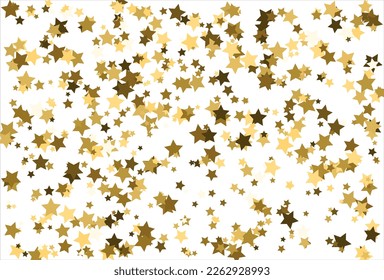 Estrellas de oro cayendo al azar sobre fondo blanco. Patrón de brillo para banner, tarjeta de saludo, tarjeta de Navidad y Año Nuevo, invitación, postal, embalaje de papel.