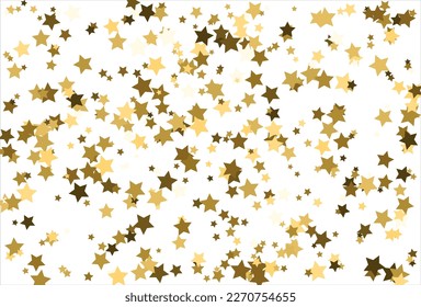Zufällig fallende goldene Sterne auf weißem Hintergrund. Glitzer Muster für Banner, Grußkarte, Weihnachts- und Neujahrskarte, Einladung, Postkarte, Papierverpackung.