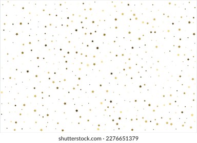 Random falling gold stars on white background. Glitter pattern for banner, greeting card, Christmas and New Year card, invitation, postcard, paper packaging.