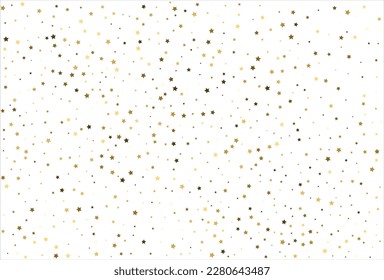 Estrellas de oro cayendo al azar sobre fondo blanco. Patrón de brillo para banner, tarjeta de saludo, tarjeta de Navidad y Año Nuevo, invitación, postal, embalaje de papel.