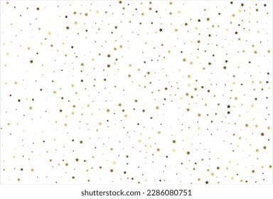Random falling gold stars on white background. Glitter pattern for banner, greeting card, Christmas and New Year card, invitation, postcard, paper packaging.