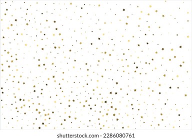 Estrellas de oro cayendo al azar sobre fondo blanco. Patrón de brillo para banner, tarjeta de saludo, tarjeta de Navidad y Año Nuevo, invitación, postal, embalaje de papel.