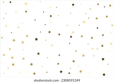 Random falling gold stars on white background. Glitter pattern for banner, greeting card, Christmas and New Year card, invitation, postcard, paper packaging.