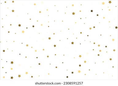 Random falling gold stars on white background. Glitter pattern for banner, greeting card, Christmas and New Year card, invitation, postcard, paper packaging.