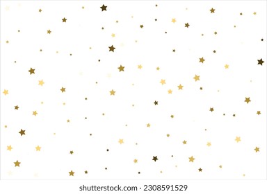 Zufällig fallende goldene Sterne auf weißem Hintergrund. Glitzer Muster für Banner, Grußkarte, Weihnachts- und Neujahrskarte, Einladung, Postkarte, Papierverpackung.