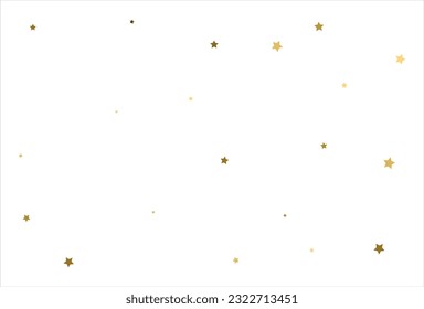 Random falling gold stars on white background. Glitter pattern for banner, greeting card, Christmas and New Year card, invitation, postcard, paper packaging.