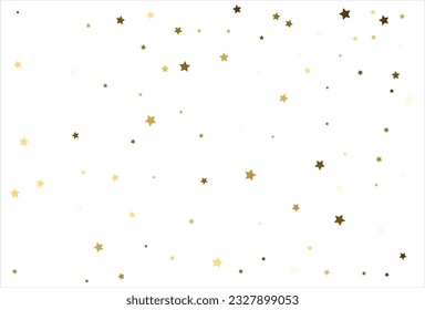 Random falling gold stars on white background. Glitter pattern for banner, greeting card, Christmas and New Year card, invitation, postcard, paper packaging.