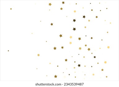 Random falling gold stars on white background. Glitter pattern for banner, greeting card, Christmas and New Year card, invitation, postcard, paper packaging.