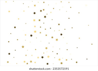 Random falling gold stars on white background. Glitter pattern for banner, greeting card, Christmas and New Year card, invitation, postcard, paper packaging.