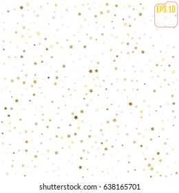 Random falling gold stars on white background. Glitter pattern for banner, greeting card, Christmas and New Year card, invitation, postcard, paper packaging. Vector illustration