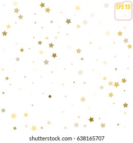 Random falling gold stars on white background. Glitter pattern for banner, greeting card, Christmas and New Year card, invitation, postcard, paper packaging. Vector illustration