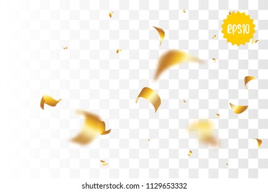 Random falling golden glitter transparent sparkle background. Christmas banner, New Year greeting, invitation, postcard. Shimmer vector illustration.