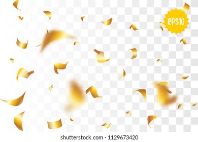Random falling golden glitter transparent sparkle background. Christmas banner, New Year greeting, invitation, postcard. Shimmer vector illustration.