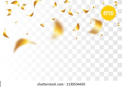 Random falling golden glitter transparent sparkle background. Christmas banner, New Year greeting, invitation, postcard. Shimmer vector illustration.