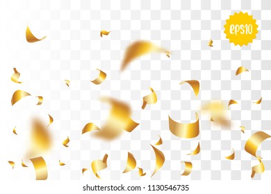 Random falling golden glitter transparent sparkle background. Christmas banner, New Year greeting, invitation, postcard. Shimmer vector illustration.
