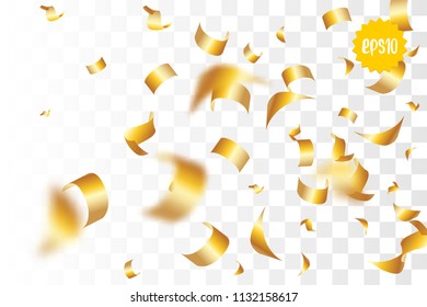 Random falling golden glitter transparent sparkle background. Christmas banner, New Year greeting, invitation, postcard. Shimmer vector illustration.