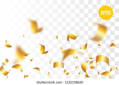 Random falling golden glitter transparent sparkle background. Christmas banner, New Year greeting, invitation, postcard. Shimmer vector illustration.