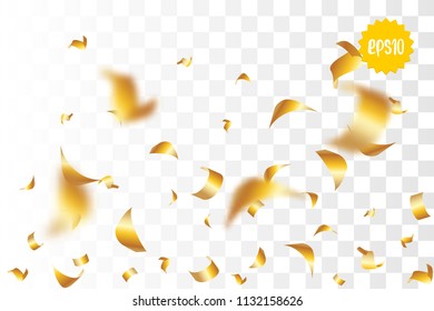 Random falling golden glitter transparent sparkle background. Christmas banner, New Year greeting, invitation, postcard. Shimmer vector illustration.