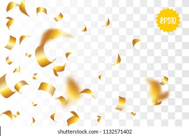 Fundo de brilho transparente dourado caindo aleatoriamente. Faixa de Natal, saudação de Ano Novo, convite, cartão postal. Ilustração do vetor Shimmer.
