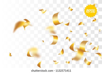 Random falling golden glitter transparent sparkle background. Christmas banner, New Year greeting, invitation, postcard. Shimmer vector illustration.