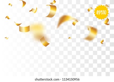 Random falling golden glitter transparent sparkle background. Christmas banner, New Year greeting, invitation, postcard. Shimmer vector illustration.