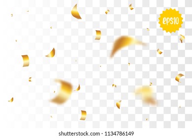 Random falling golden glitter transparent sparkle background. Christmas banner, New Year greeting, invitation, postcard. Shimmer vector illustration.