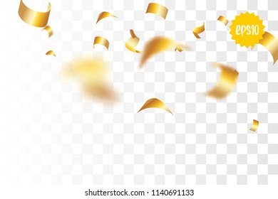 Random falling golden glitter transparent sparkle background. Christmas banner, New Year greeting, invitation, postcard. Shimmer vector illustration.