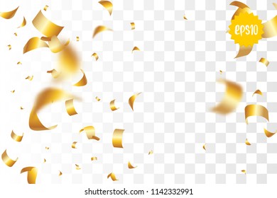 Random falling golden glitter transparent sparkle background. Christmas banner, New Year greeting, invitation, postcard. Shimmer vector illustration.