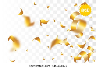 Random falling golden glitter transparent sparkle background. Christmas banner, New Year greeting, invitation, postcard. Shimmer vector illustration.