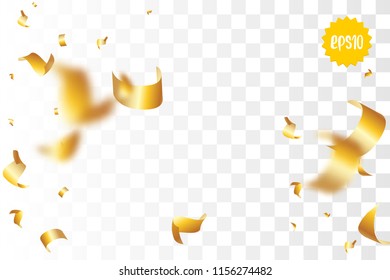 Random falling golden glitter transparent sparkle background. Christmas banner, New Year greeting, invitation, postcard. Shimmer vector illustration.