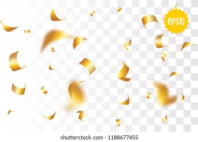 Random falling golden glitter transparent sparkle background. Christmas banner, New Year greeting, invitation, postcard. Shimmer vector illustration.