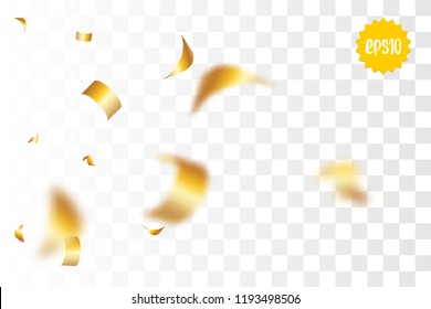 Random falling golden glitter transparent sparkle background. Christmas banner, New Year greeting, invitation, postcard. Shimmer vector illustration.