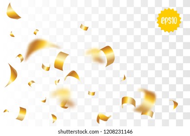 Random falling golden glitter transparent sparkle background. Christmas banner, New Year greeting, invitation, postcard. Shimmer vector illustration.