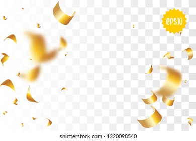 Random falling golden glitter transparent sparkle background. Christmas banner, New Year greeting, invitation, postcard. Shimmer vector illustration.