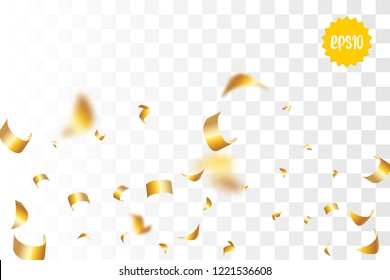 Random falling golden glitter transparent sparkle background. Christmas banner, New Year greeting, invitation, postcard. Shimmer vector illustration.