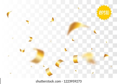 Random falling golden glitter transparent sparkle background. Christmas banner, New Year greeting, invitation, postcard. Shimmer vector illustration.