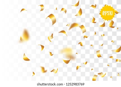 Random falling golden glitter transparent sparkle background. Christmas banner, New Year greeting, invitation, postcard. Shimmer vector illustration.