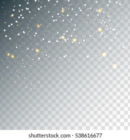 Random falling golden snowflakes transparent shimmer background. Abstract pattern. Glitter banner greeting, Christmas, New Year card, invitation, postcard. Sparkle vector illustration sparkling lights