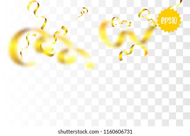 Random falling golden spring confetti. Glitter transparent sparkle background. Christmas serpentine banner, New Year greeting, invitation. Shimmer vector illustration.