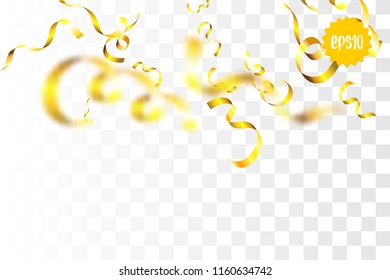 Random falling golden spring confetti. Glitter transparent sparkle background. Christmas serpentine banner, New Year greeting, invitation. Shimmer vector illustration.