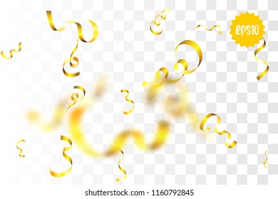 Random falling golden spring confetti. Glitter transparent sparkle background. Christmas serpentine banner, New Year greeting, invitation. Shimmer vector illustration.