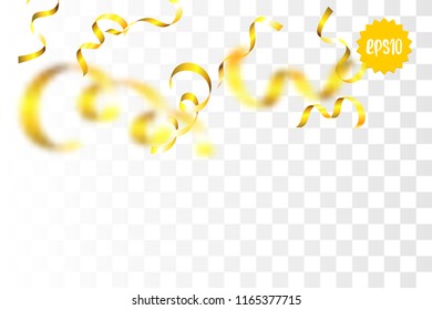 Random falling golden spring confetti. Glitter transparent sparkle background. Christmas serpentine banner, New Year greeting, invitation. Shimmer vector illustration.