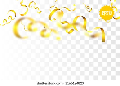 Random falling golden spring confetti. Glitter transparent sparkle background. Christmas serpentine banner, New Year greeting, invitation. Shimmer vector illustration.