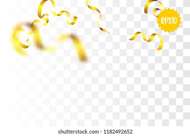 Random falling golden spring confetti. Glitter transparent sparkle background. Christmas serpentine banner, New Year greeting, invitation. Shimmer vector illustration.