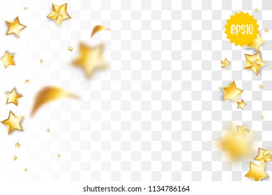 Random falling golden star glitter transparent sparkle background. Christmas banner, New Year greeting, invitation, postcard. Shimmer vector illustration.
