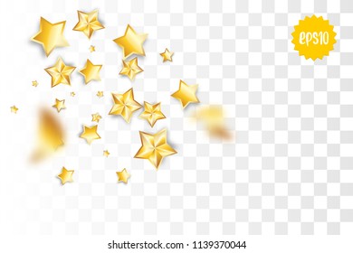 Random falling golden star glitter transparent sparkle background. Christmas banner, New Year greeting, invitation, postcard. Shimmer vector illustration.