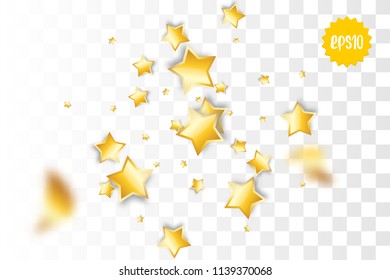 Random falling golden star glitter transparent sparkle background. Christmas banner, New Year greeting, invitation, postcard. Shimmer vector illustration.