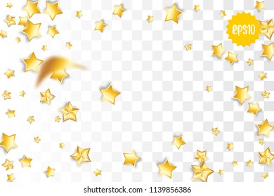 Random falling golden star glitter transparent sparkle background. Christmas banner, New Year greeting, invitation, postcard. Shimmer vector illustration.