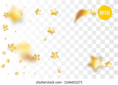 Random falling golden star glitter transparent sparkle background. Christmas banner, New Year greeting, invitation, postcard. Shimmer vector illustration.