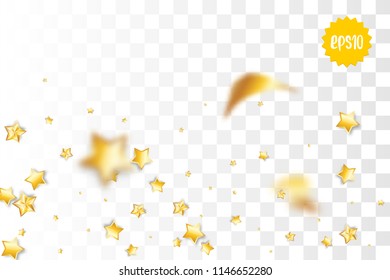 Random falling golden star glitter transparent sparkle background. Christmas banner, New Year greeting, invitation, postcard. Shimmer vector illustration.